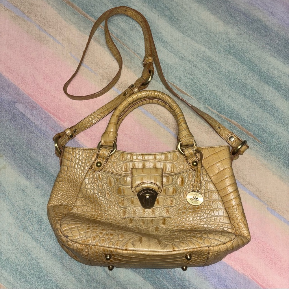Brahmin Tan Melbourne Embossed Leather Satchel Crossbody Bag